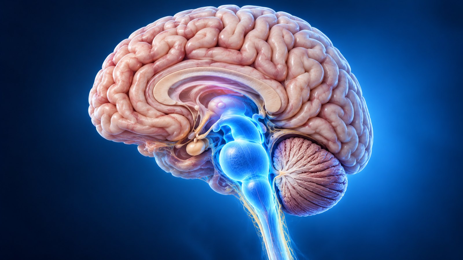 Illustration of the human brain with the brainstem highlighted