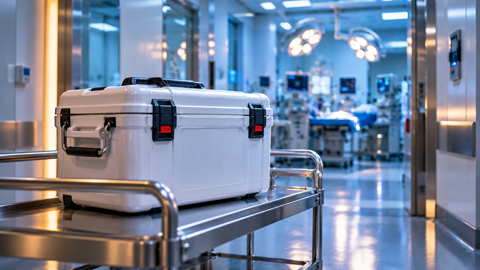 Donor organ transport cooler on a hospital trolley outside an operating theatre