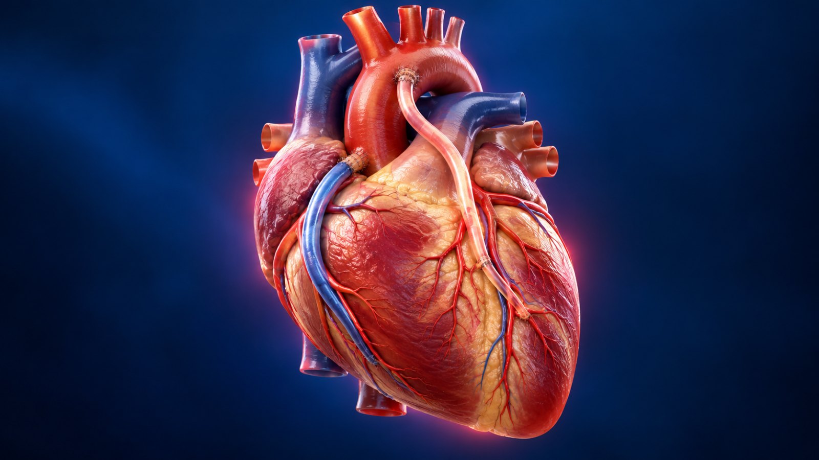 3D illustration of a healthy human heart with coronary bypass grafts