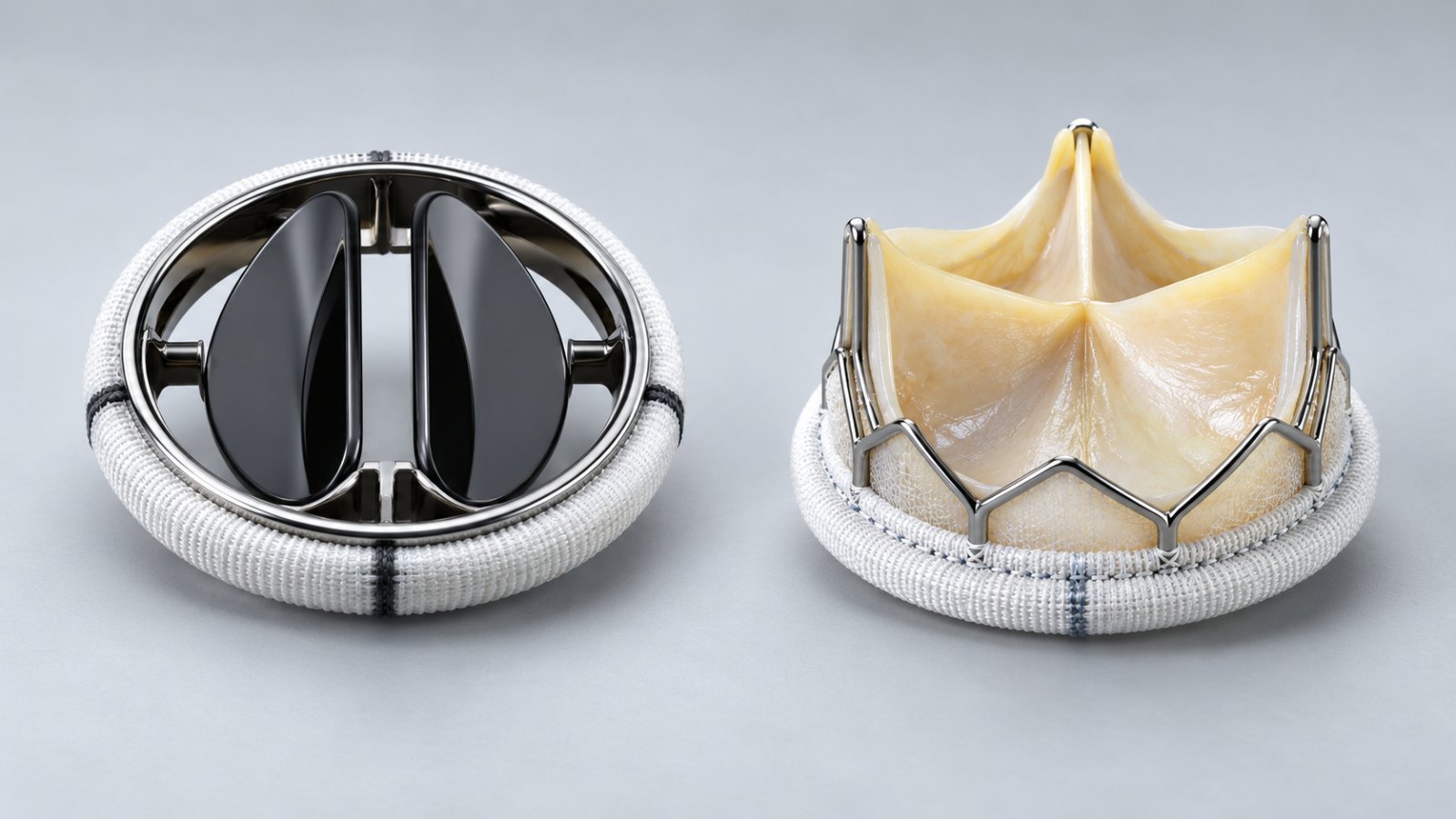 Mechanical bileaflet heart valve beside a bioprosthetic tissue heart valve