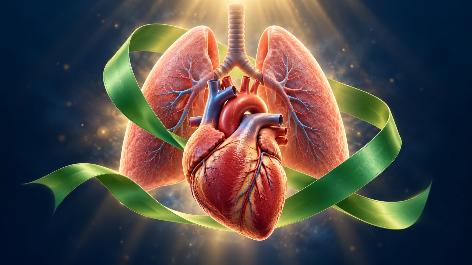 3D illustration of a heart and lungs with a green organ donation awareness ribbon