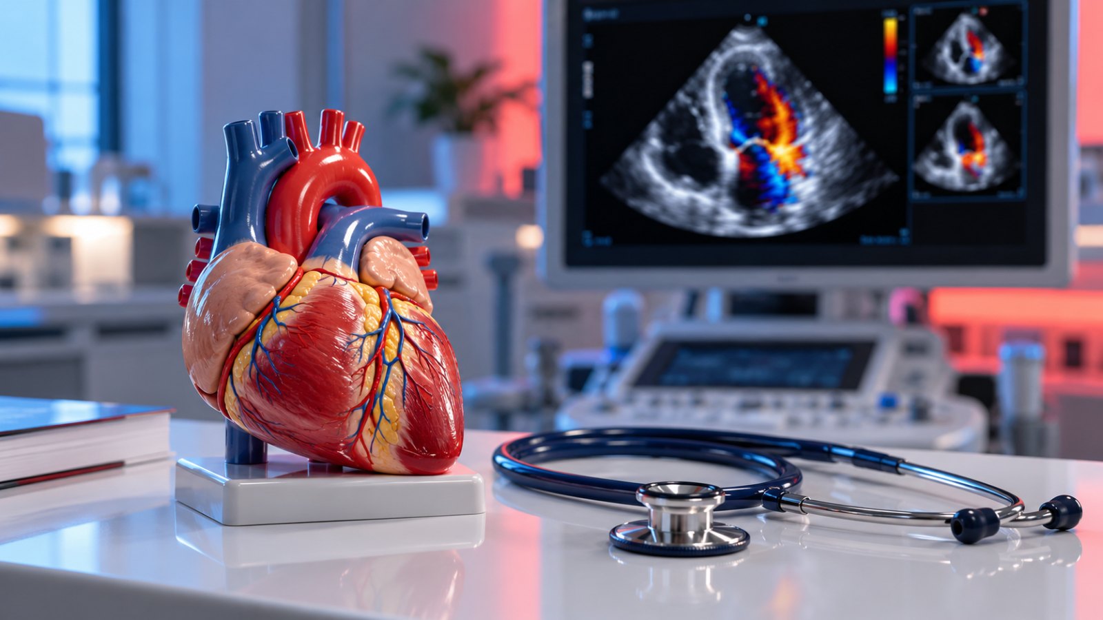 Anatomical heart model and stethoscope in front of an echocardiogram showing heart valve flow
