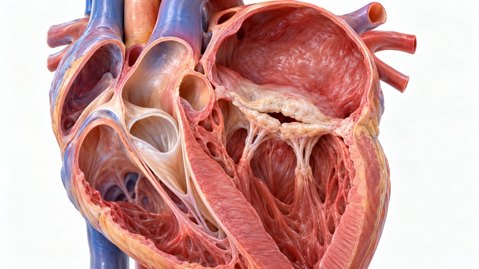 Anatomical illustration of the heart showing a thickened, scarred mitral valve caused by rheumatic heart disease