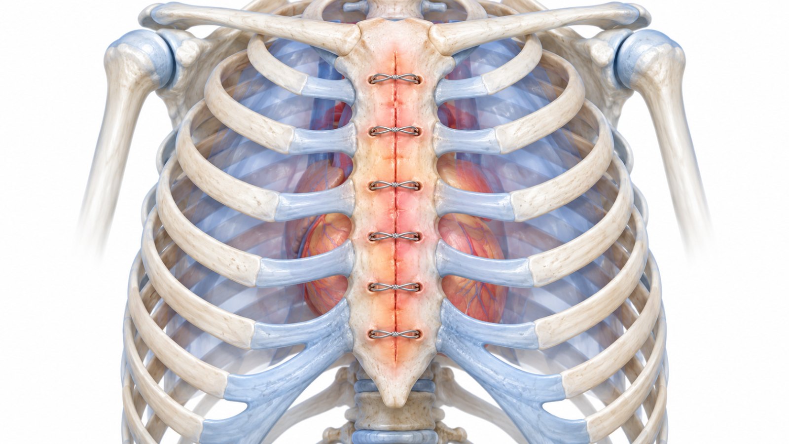 Illustration of a breastbone closed with sternal wires healing after open-heart surgery